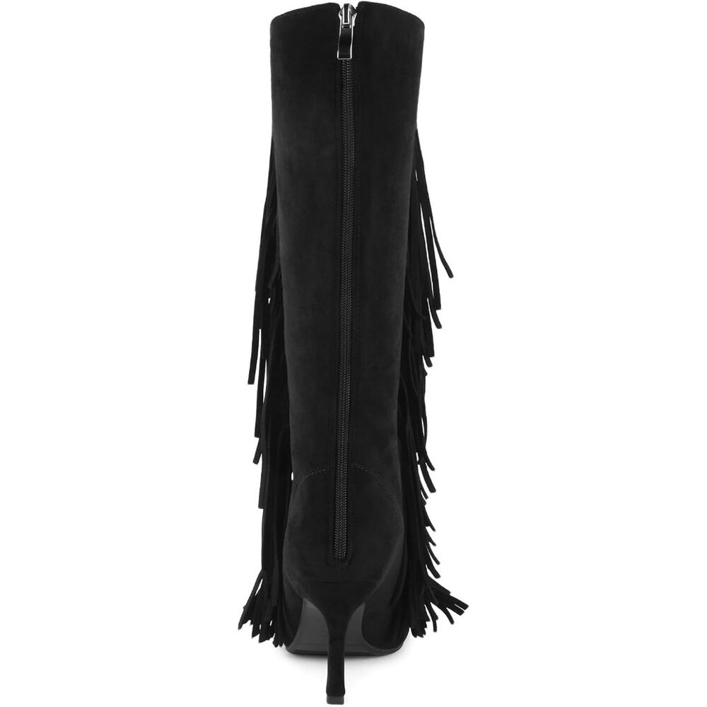 Women's Black FancyQueen Gladiator Heels Knee High Stiletto Peep Toe Boot - Picture 5 of 7